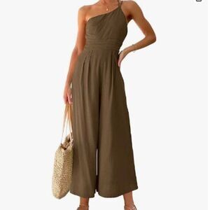 NWOT, One Shoulder High Waist Casual Wide Leg Linen Jumpsuit Romper with Pockets